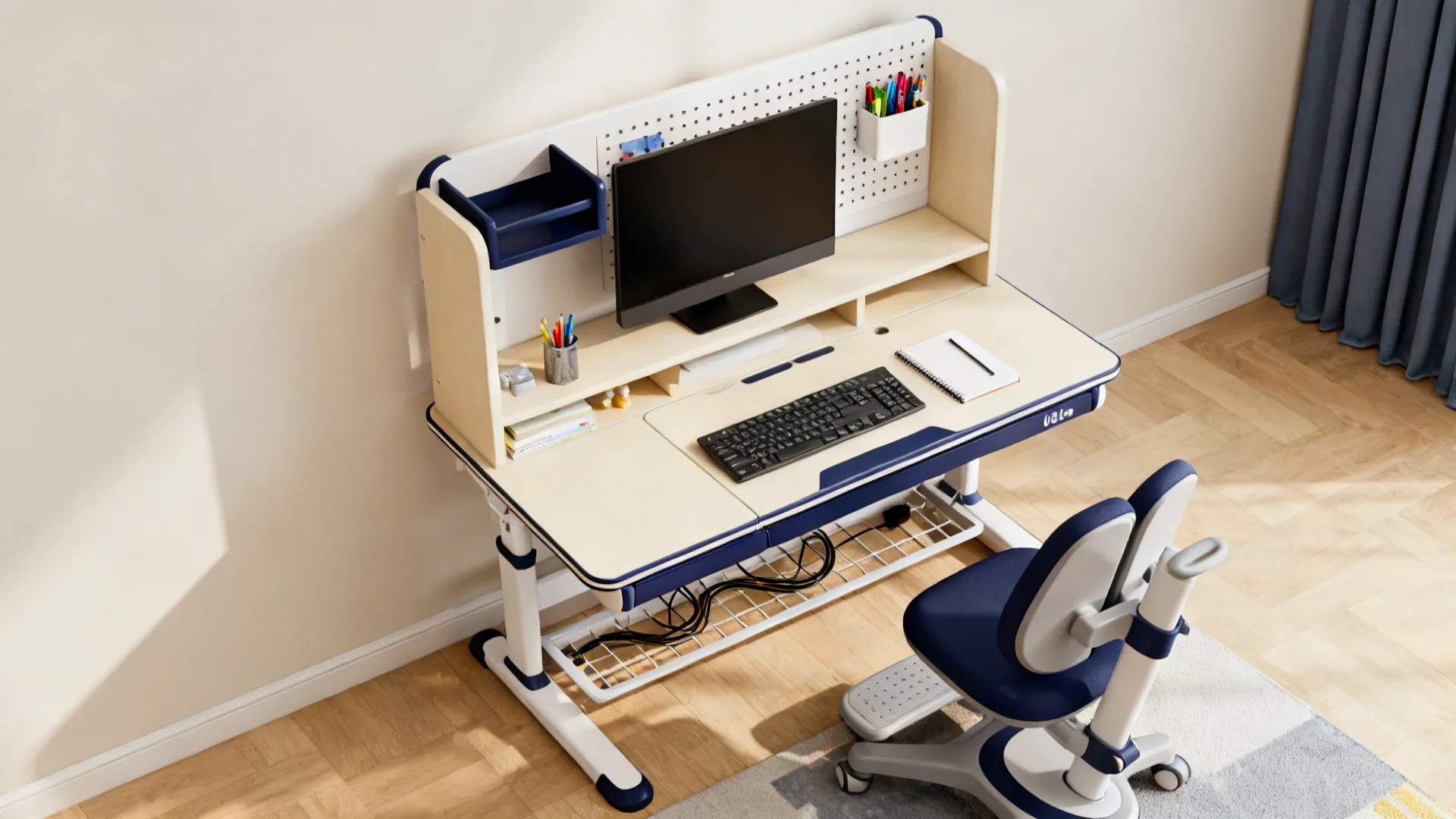 Top-down view of a child’s desk showing organized zones, pegboard tools, cable tray, and footrest position.