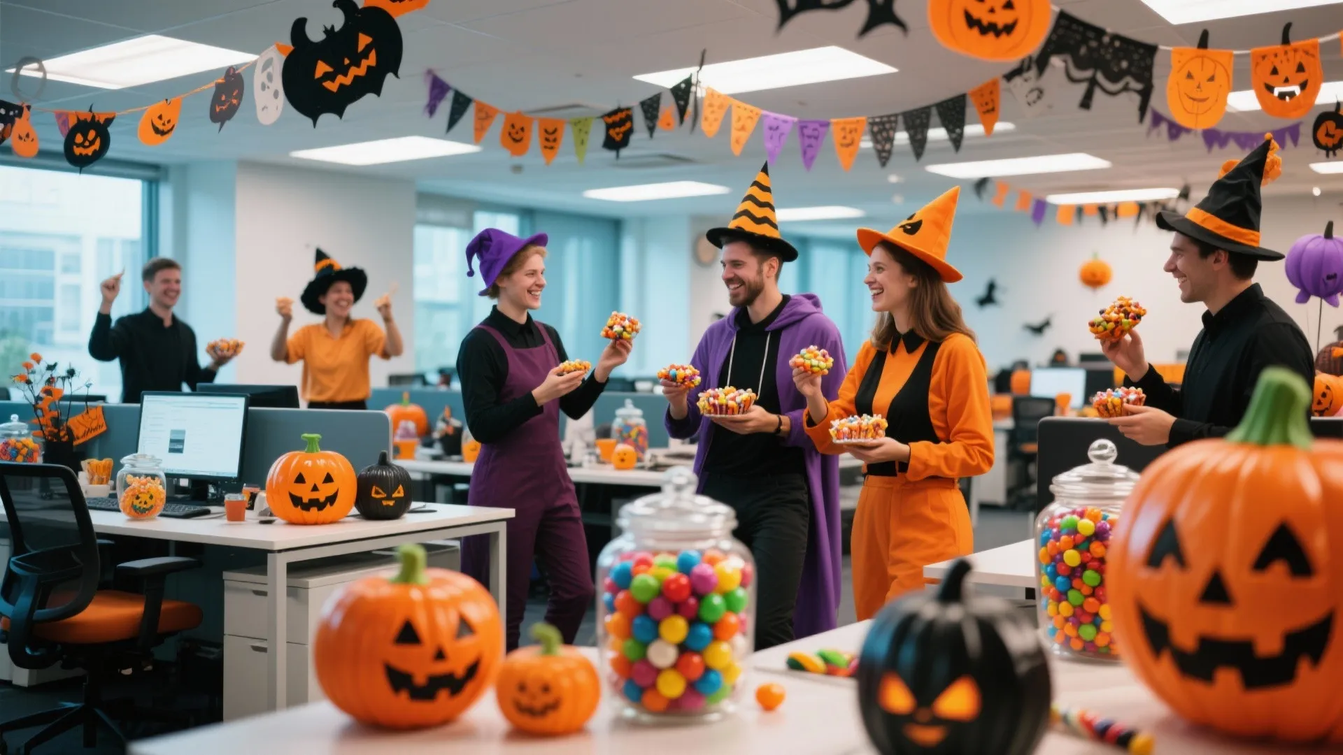 Office employees wearing Halloween costumes and hats while holding snacks near desks with pumpkin decorations