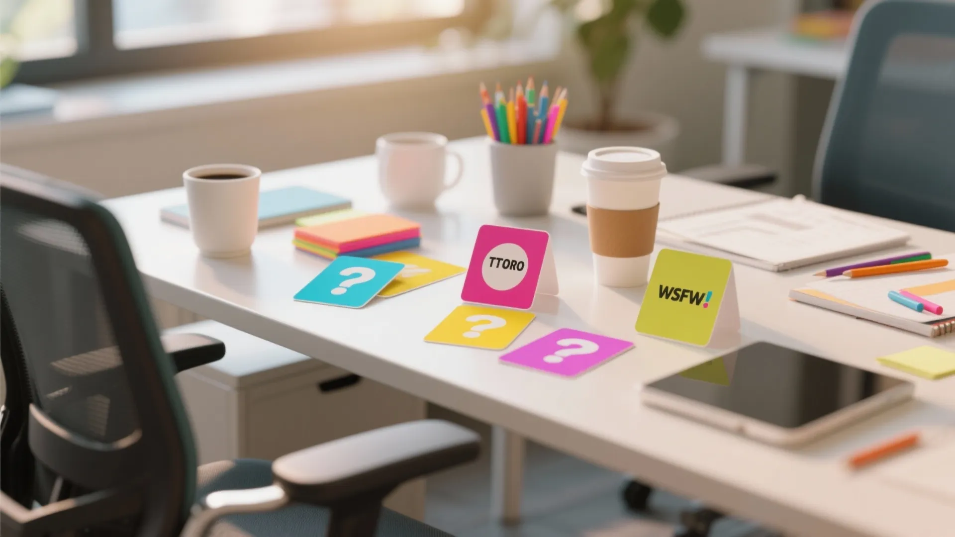 White office desk with coffee cups colorful trivia cards question marks and stationary for fun