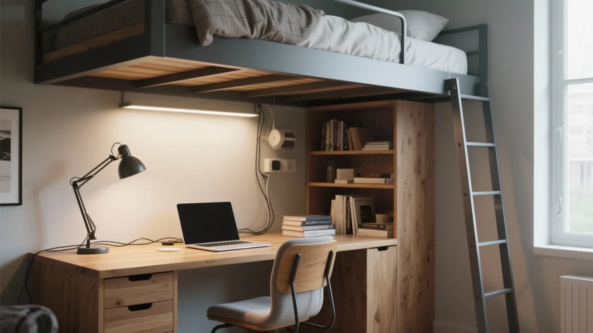 1. Desk-under loft: study and sleep in one footprint