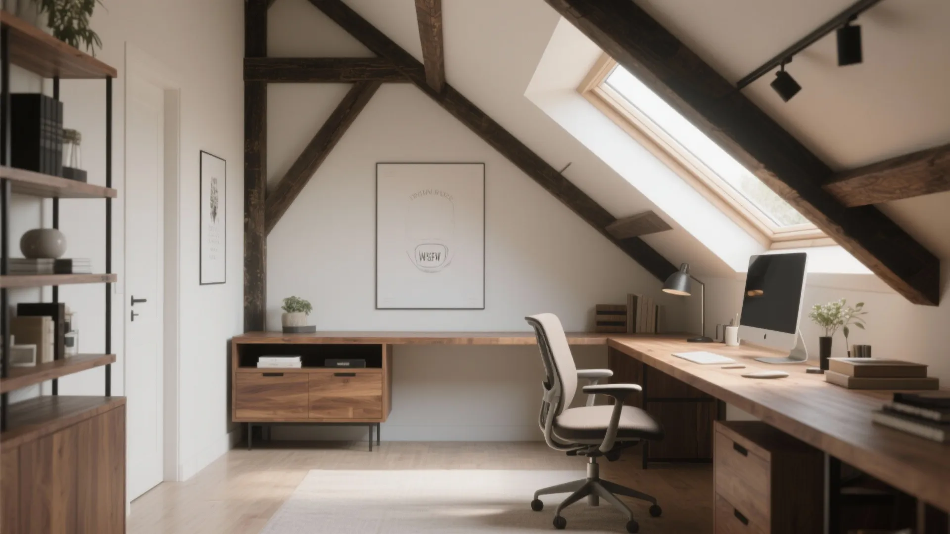 Attic home office with wooden beams, large corner desk, computer, swivel chair, and roof window