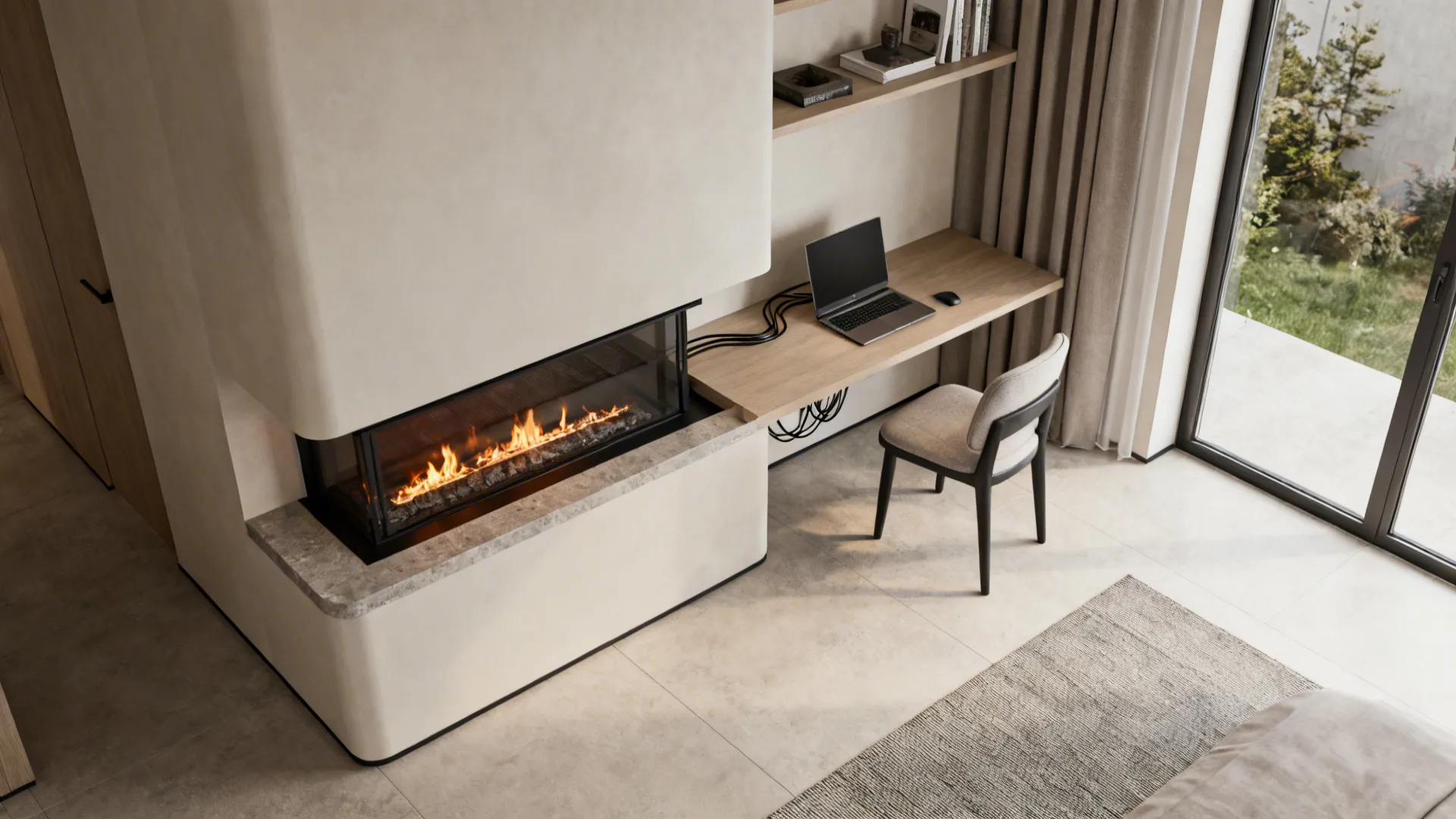 Slim desk integrated under a raised fireplace, doubling as workstation and display