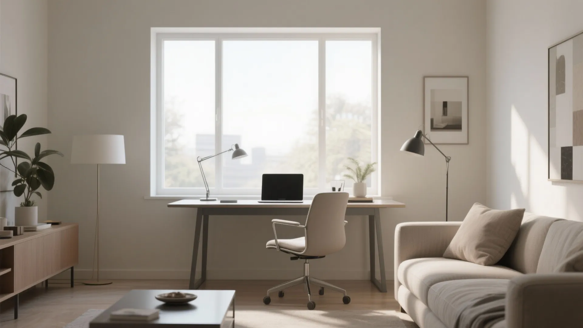 Minimalist home office setup with desk under window laptop chair sofa and tall floor lamps