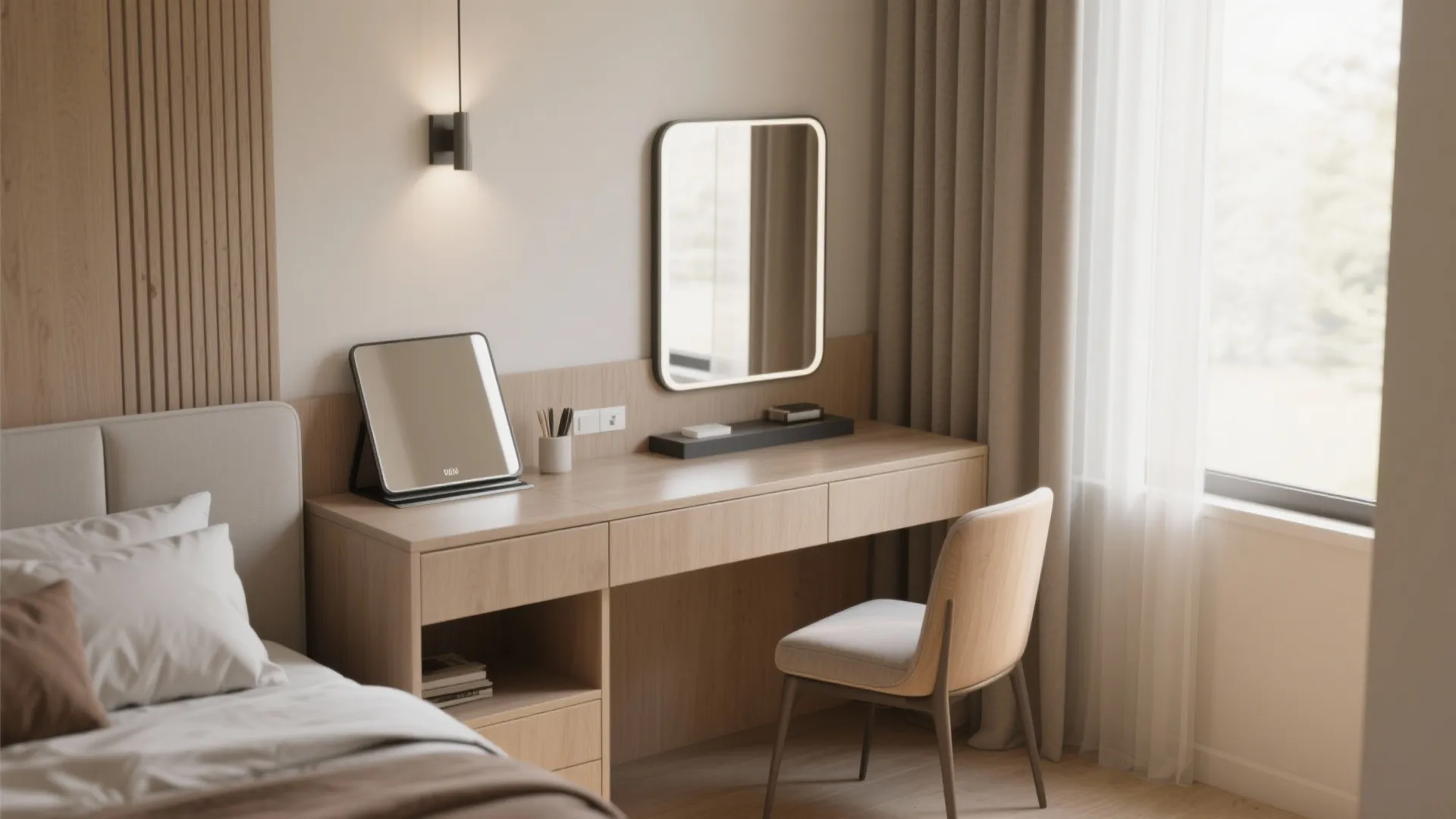 Wooden dressing table with wall mirror chair wall light and wall panel in modern bedroom