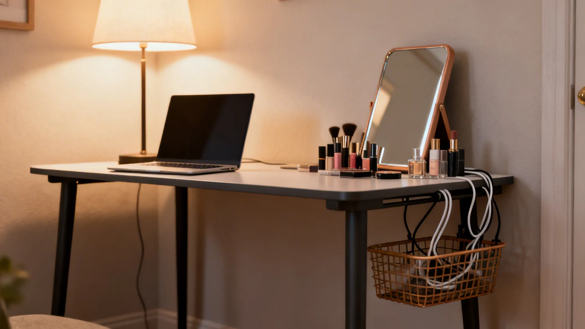 Slim desk serving as a vanity with a mirror and neat cable management in a small room