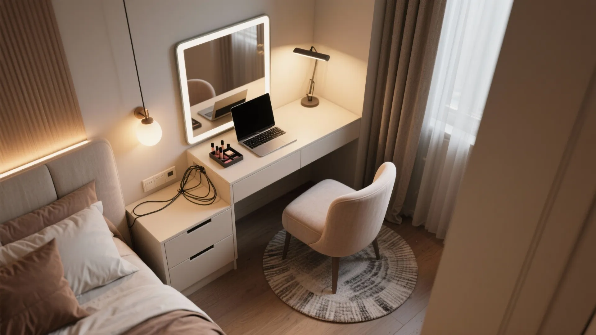 Small white desk used as a vanity with a lit mirror laptop and makeup kit