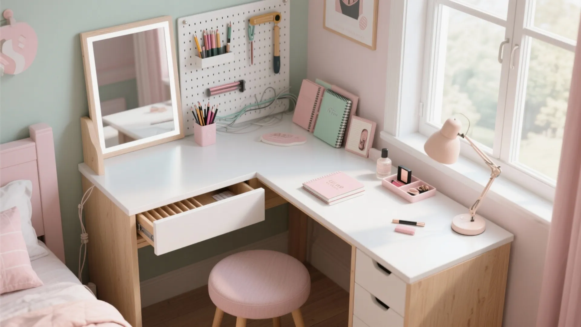 Top-down layout of a compact desk–vanity combo with a flip mirror, shallow drawer dividers, pegboard, and a tucking stool.