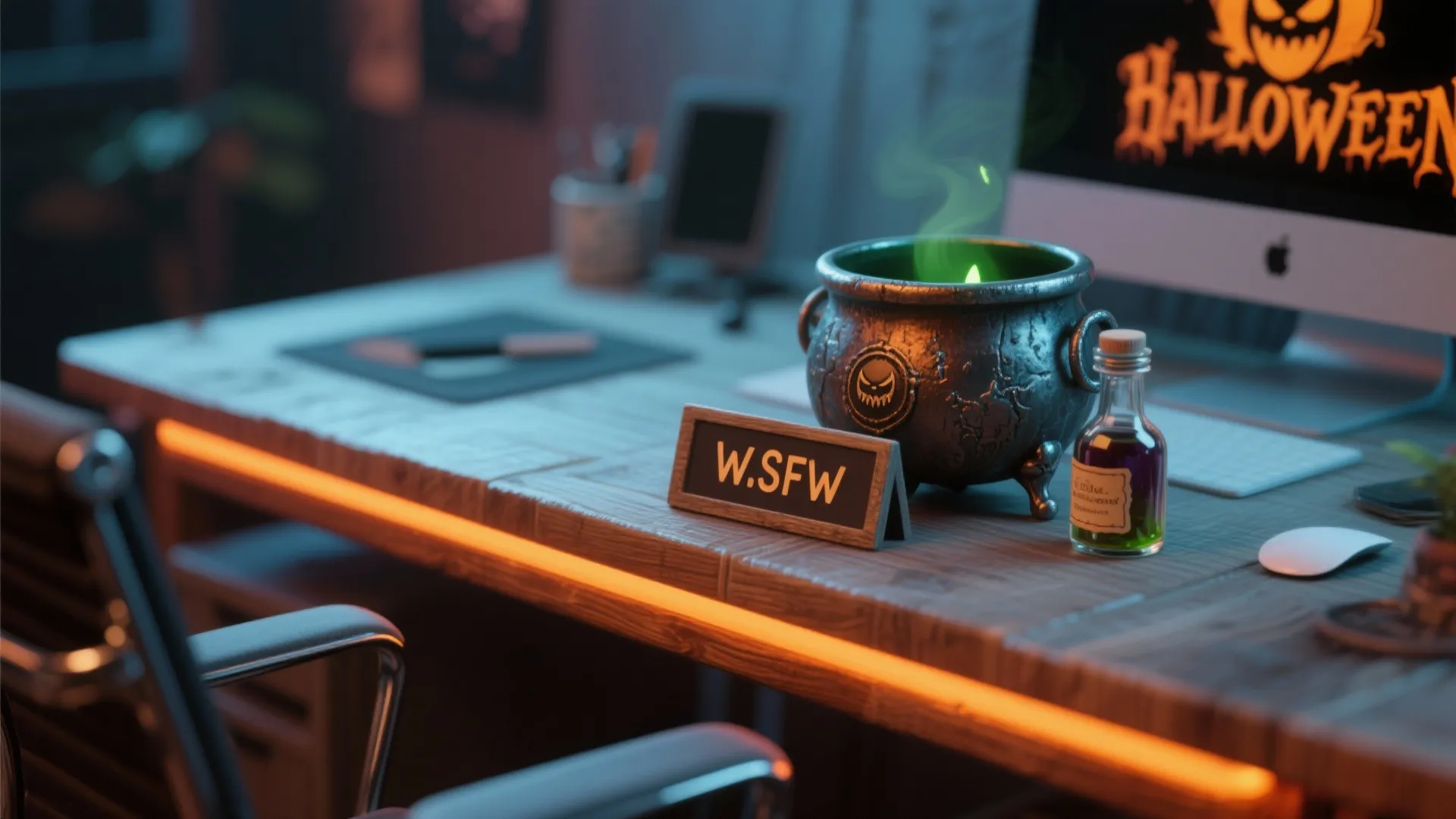Spooky Halloween desk setup with a green smoking pot bottle and orange light strip illumination