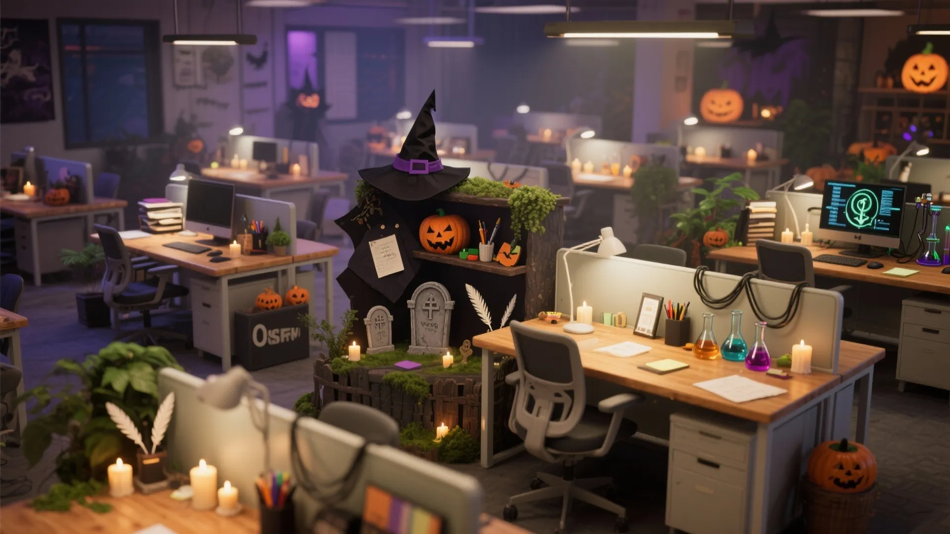 Modern office workspace with Halloween decorations including pumpkins a witch hat and candles on desks