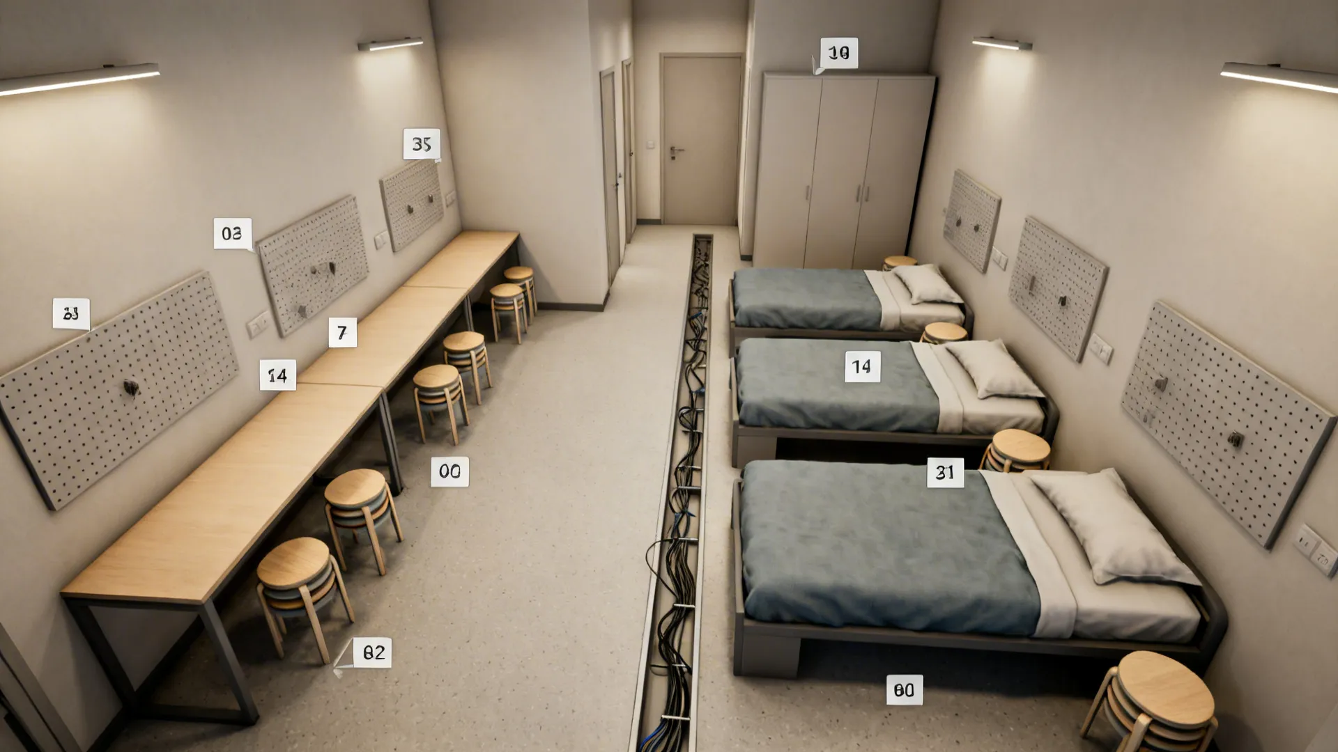 Top-down view of small room with beds on one wall and a continuous desk on the other creating a clear aisle.