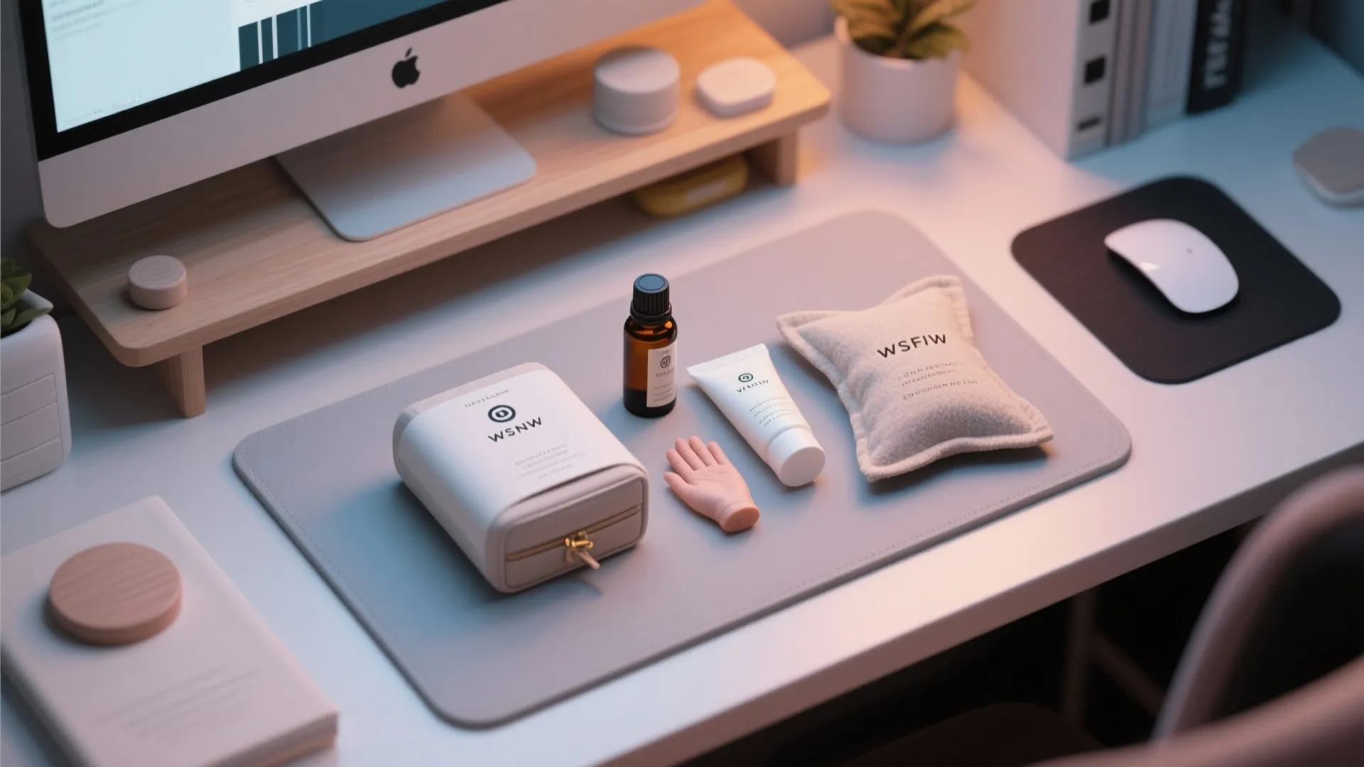 Desk wellness kit on grey mat including cream bottle and oil next to wooden stand