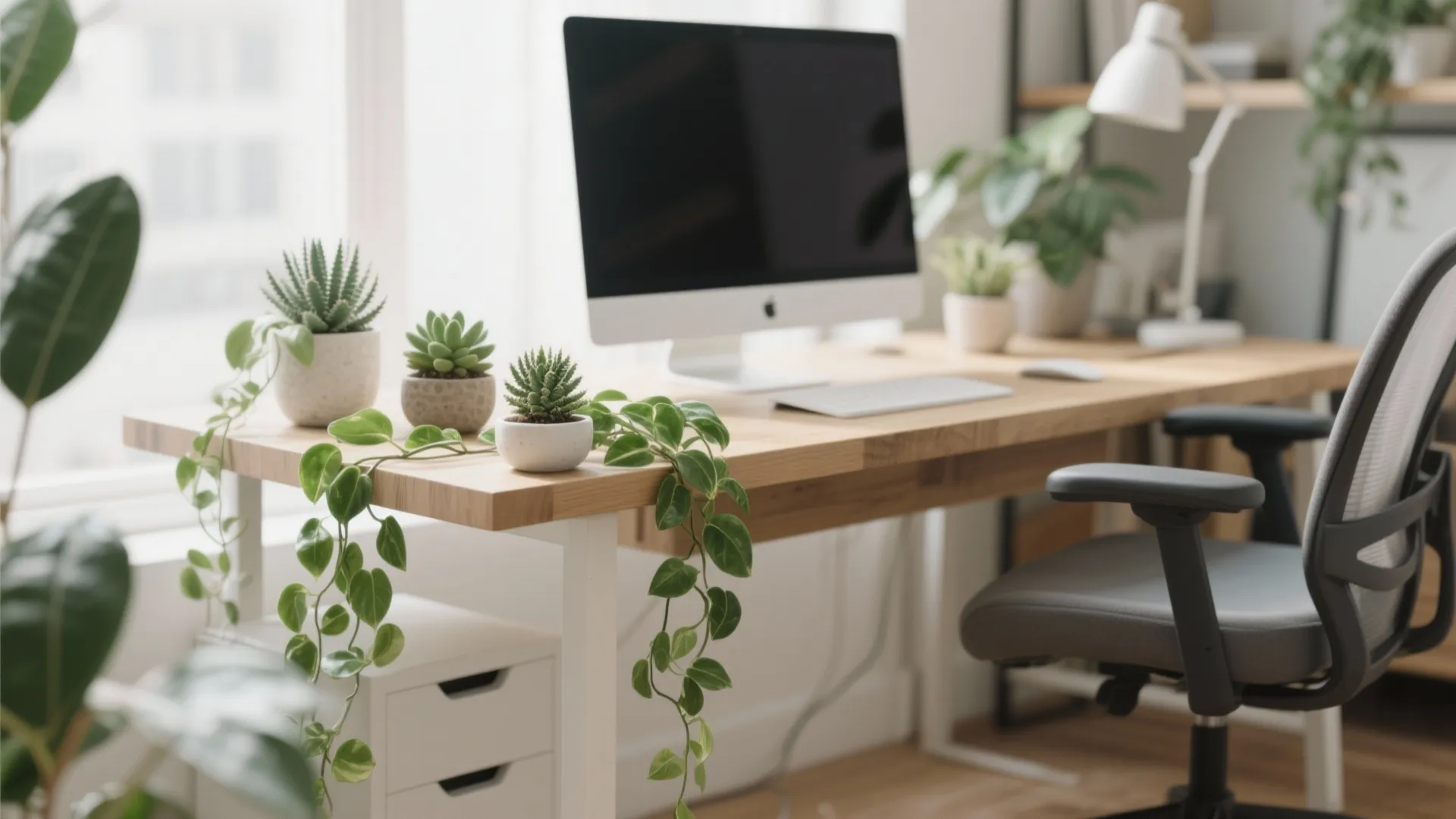 Modern wooden desk with computer monitor several potted green plants office chair and white desk lamp