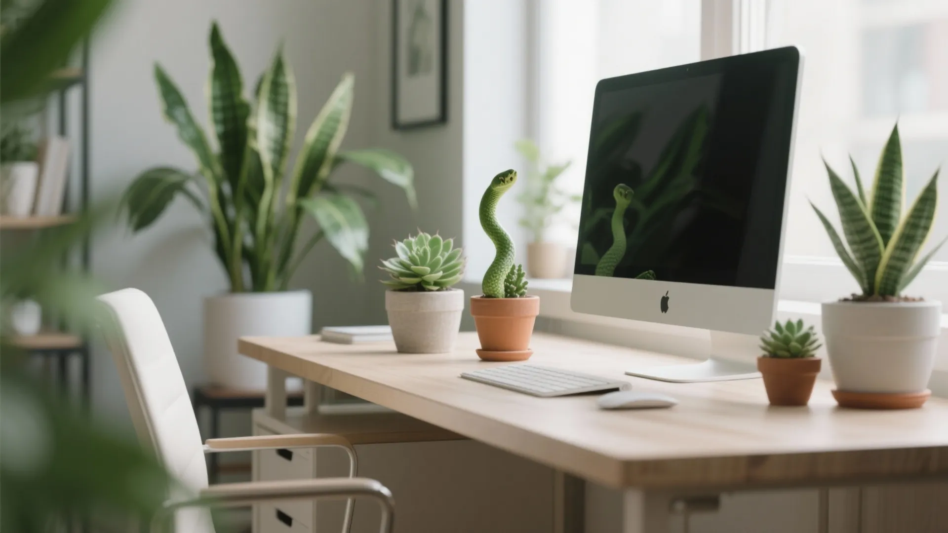 Modern wooden desk with computer monitor white office chair and various small green potted plants