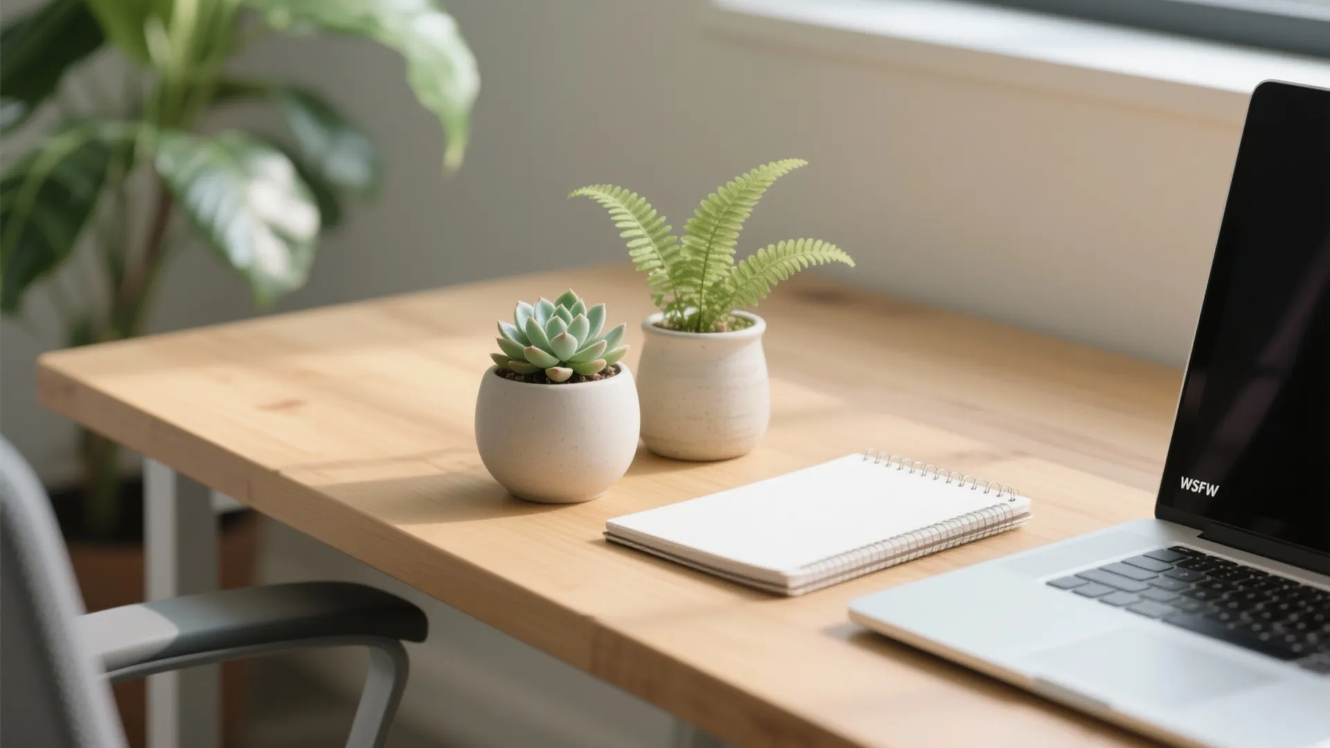 Close up of wooden desk with small green plants notebook and laptop in bright room
