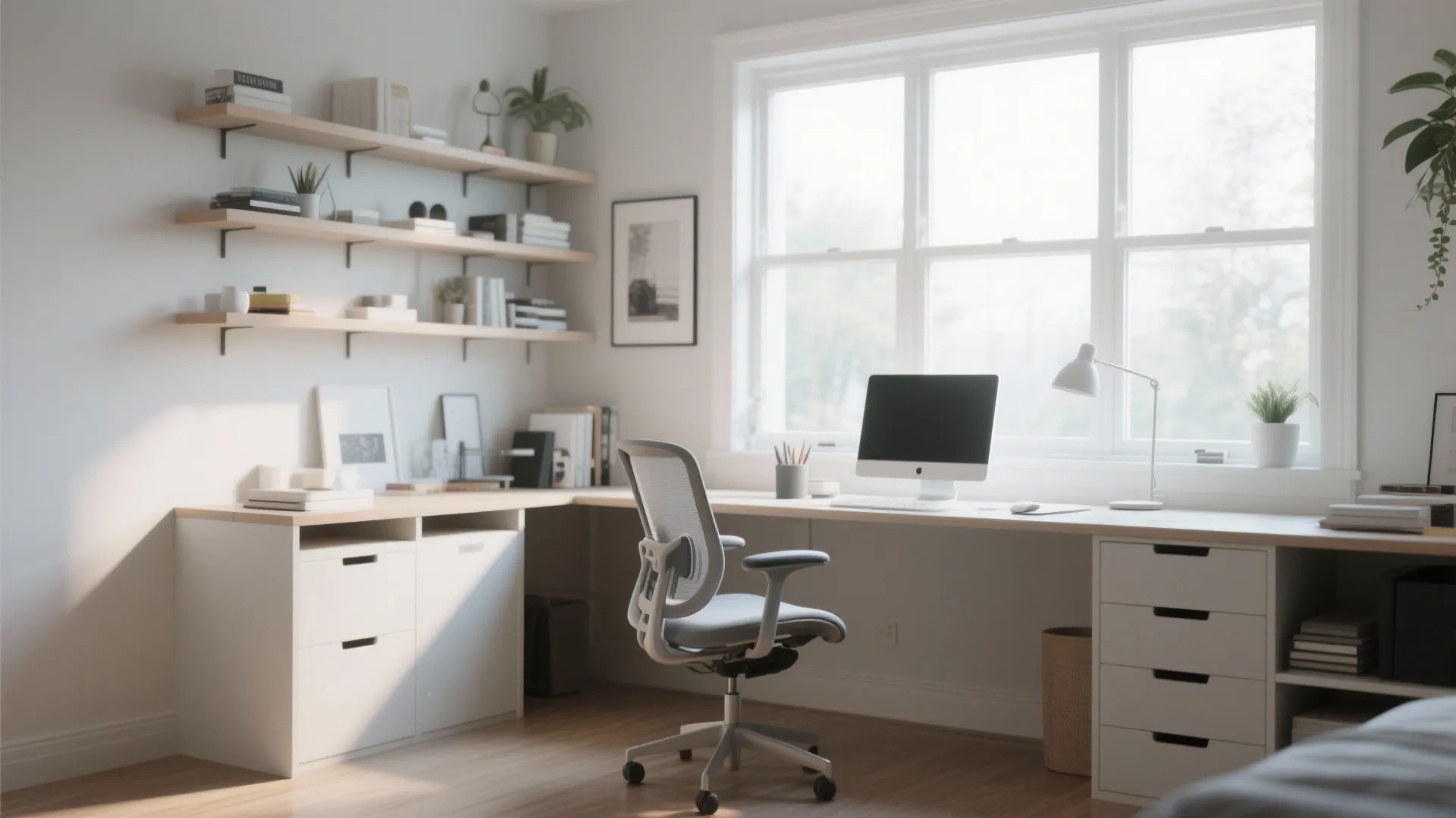 Bright home office with white corner desk grey chair wall shelves and large sunny window