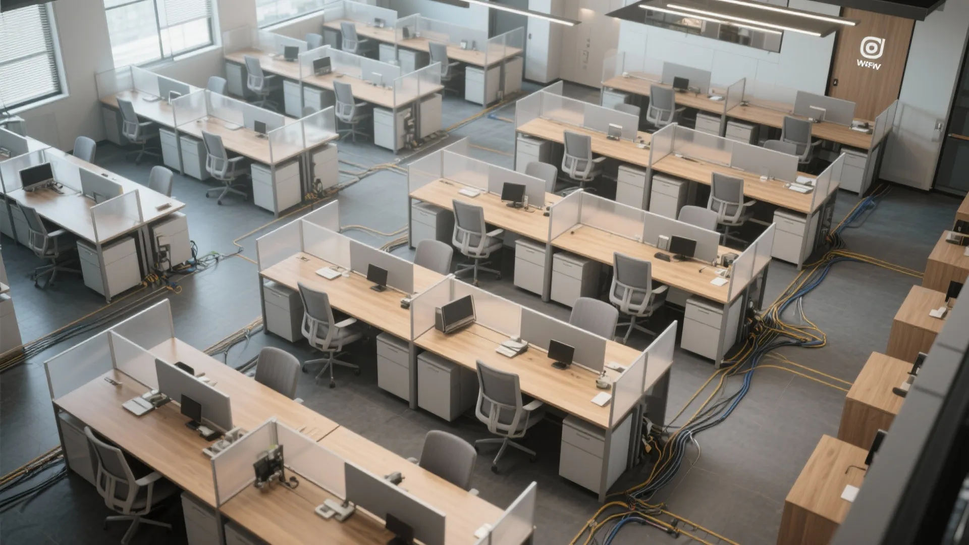 High angle interior design drawing of an open office layout with wooden desks and grey chairs