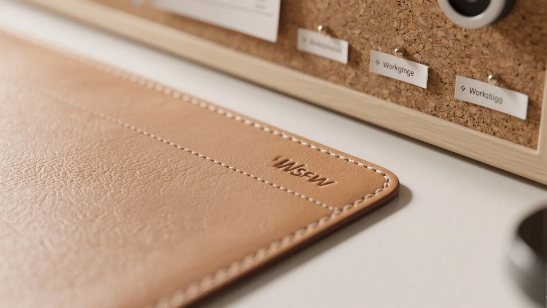 Close up brown leather desk mat with stitching next to cork board with small white labels