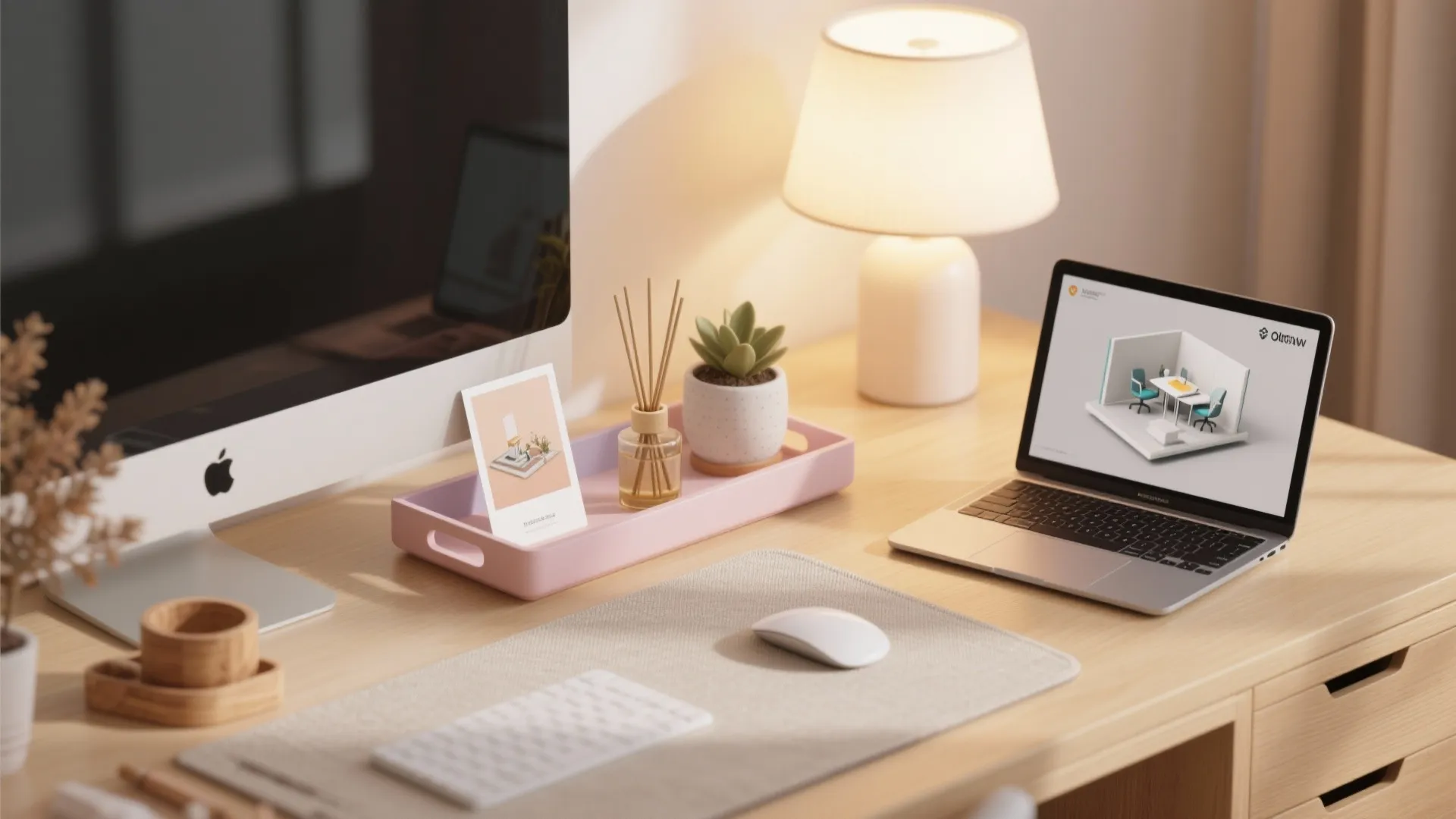 Styled desktop with a seasonal tray, lamp, postcard, diffuser and a laptop mockup for spatial planning.