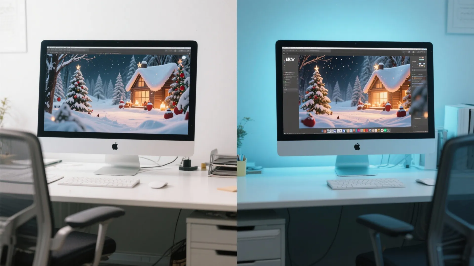 Before and after side by side view showing a winter holiday wallpaper on computer screens