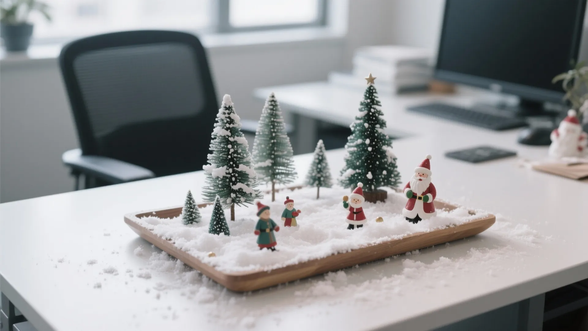 Miniature winter scene on a white office desk with artificial snow green trees and figurines