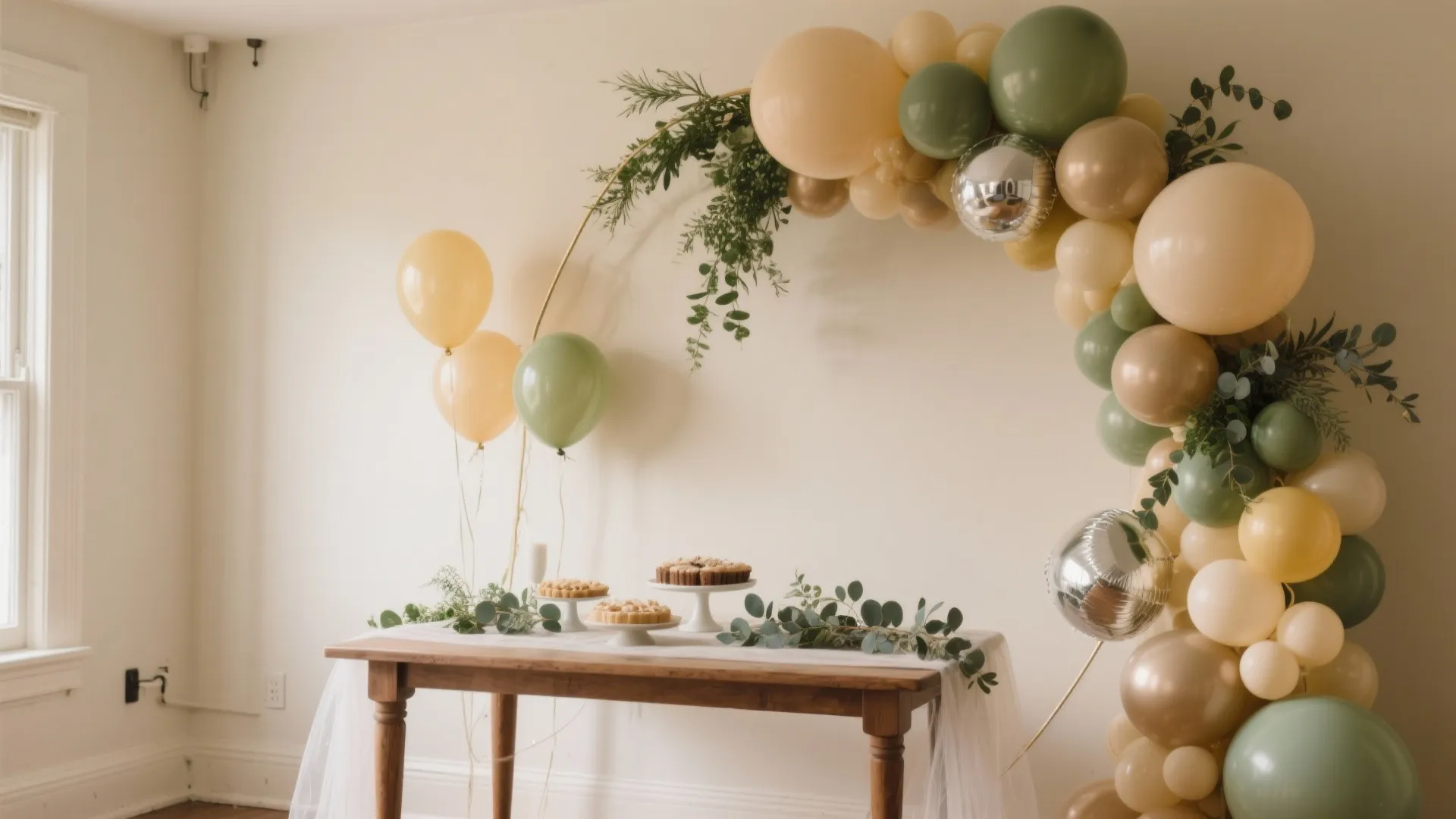 Wooden table with dessert plates and green plants decorated by a large colorful balloon arch