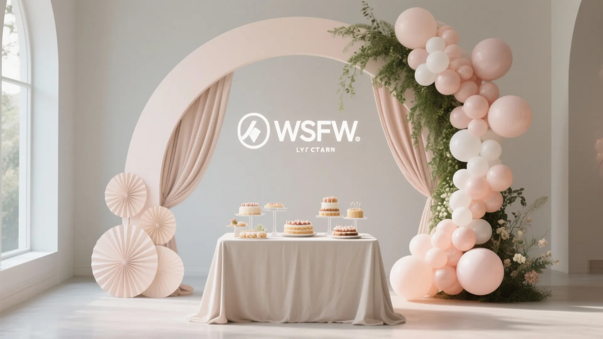 Event dessert table with cakes pink curtain arch pastel balloon garland and white logo on wall
