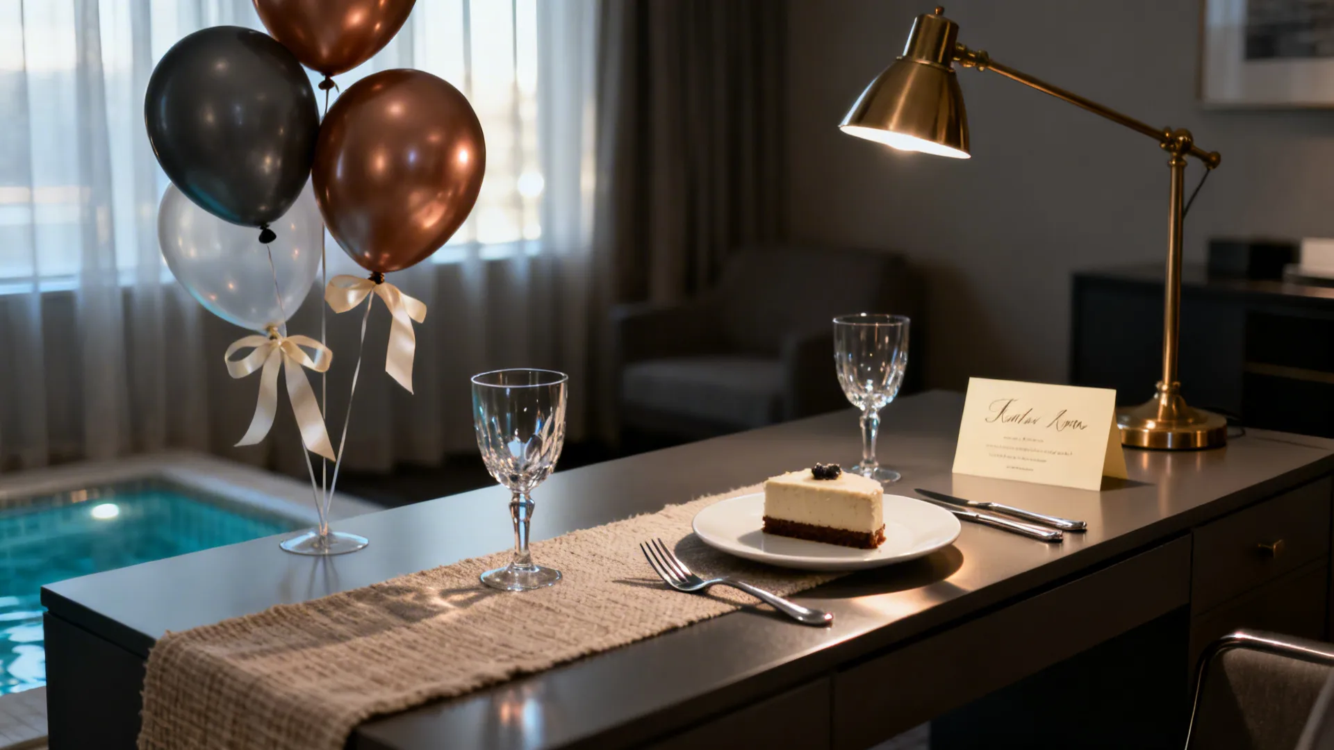 Hotel desk with a small cake, two glasses weighting matte balloons, and a linen runner.