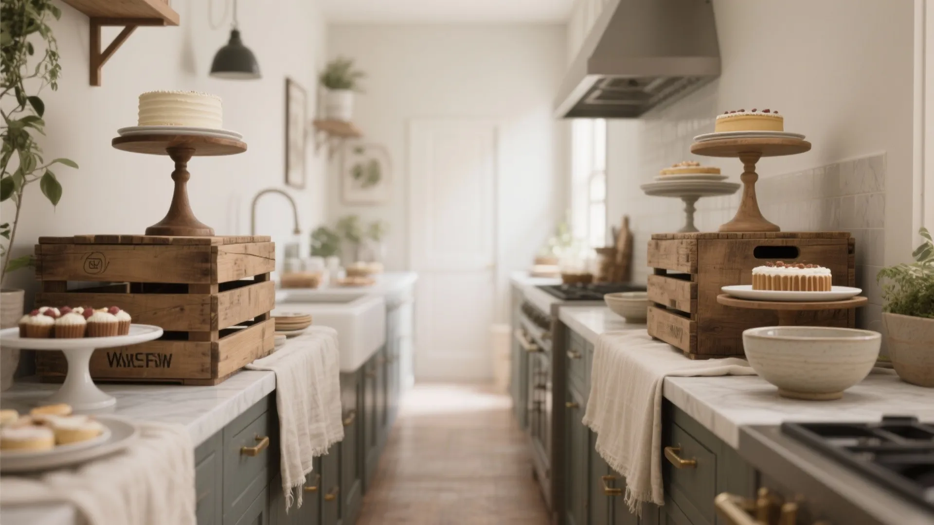 Kitchen counter display with cakes cupcakes on wooden crates and stands along green cabinet rows