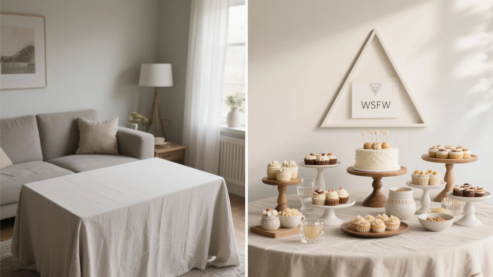 Side by side comparison of an empty table and a table decorated with sweet desserts