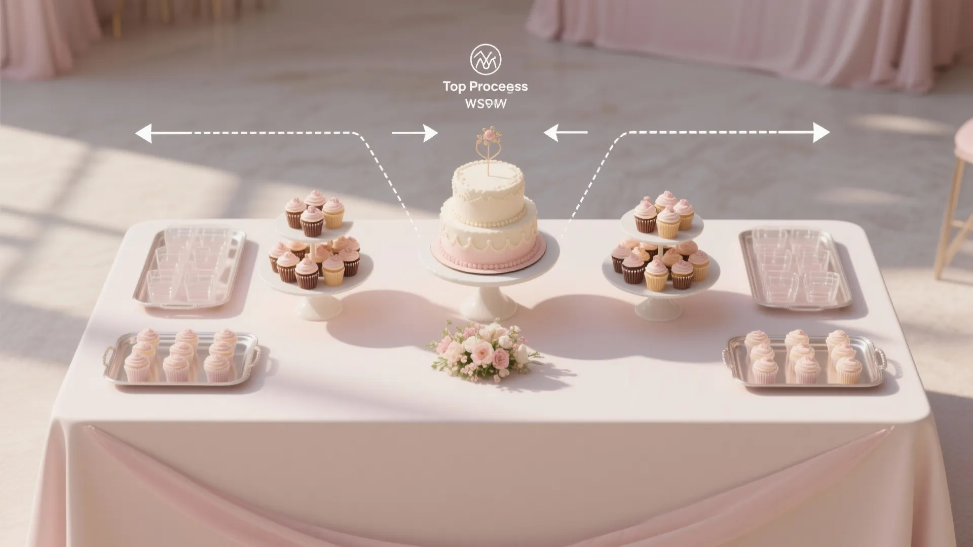 Symmetric party dessert table layout featuring a pink tiered cake and cupcakes on white stands