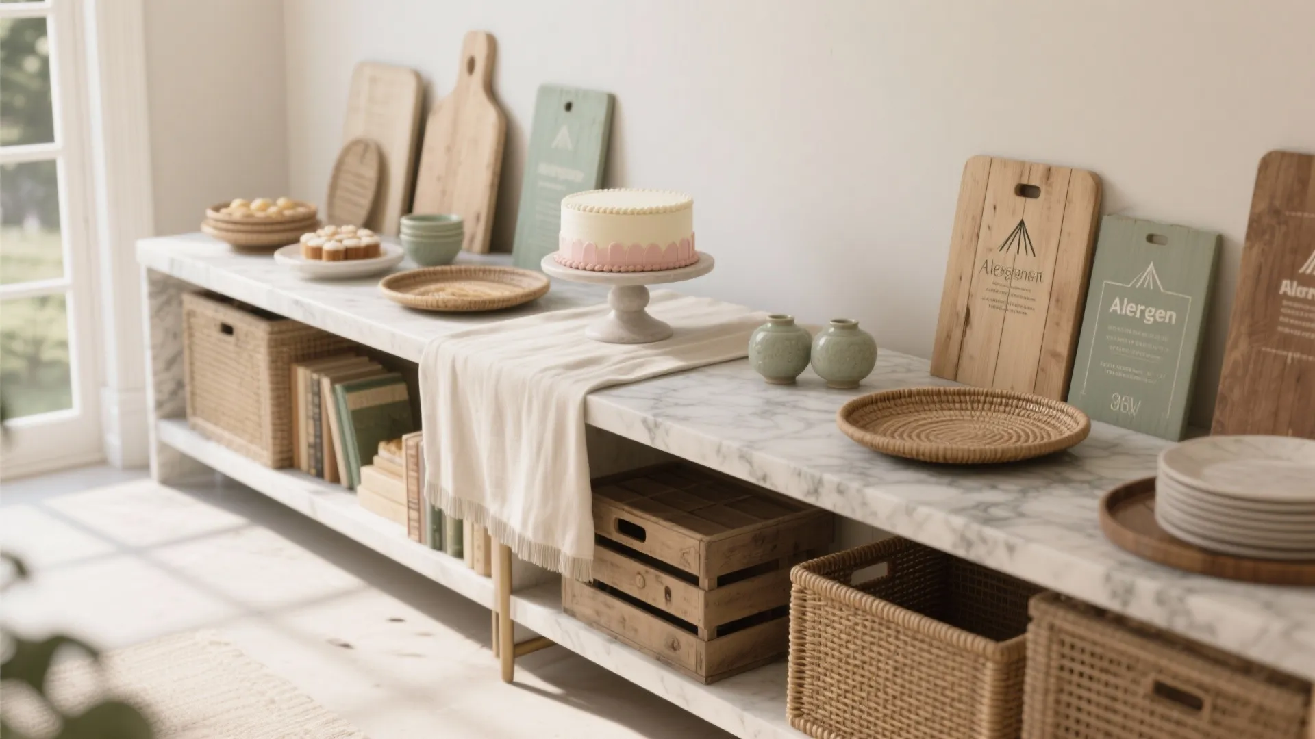 Marble table with cake cupcakes wooden boards and woven baskets for a party food display