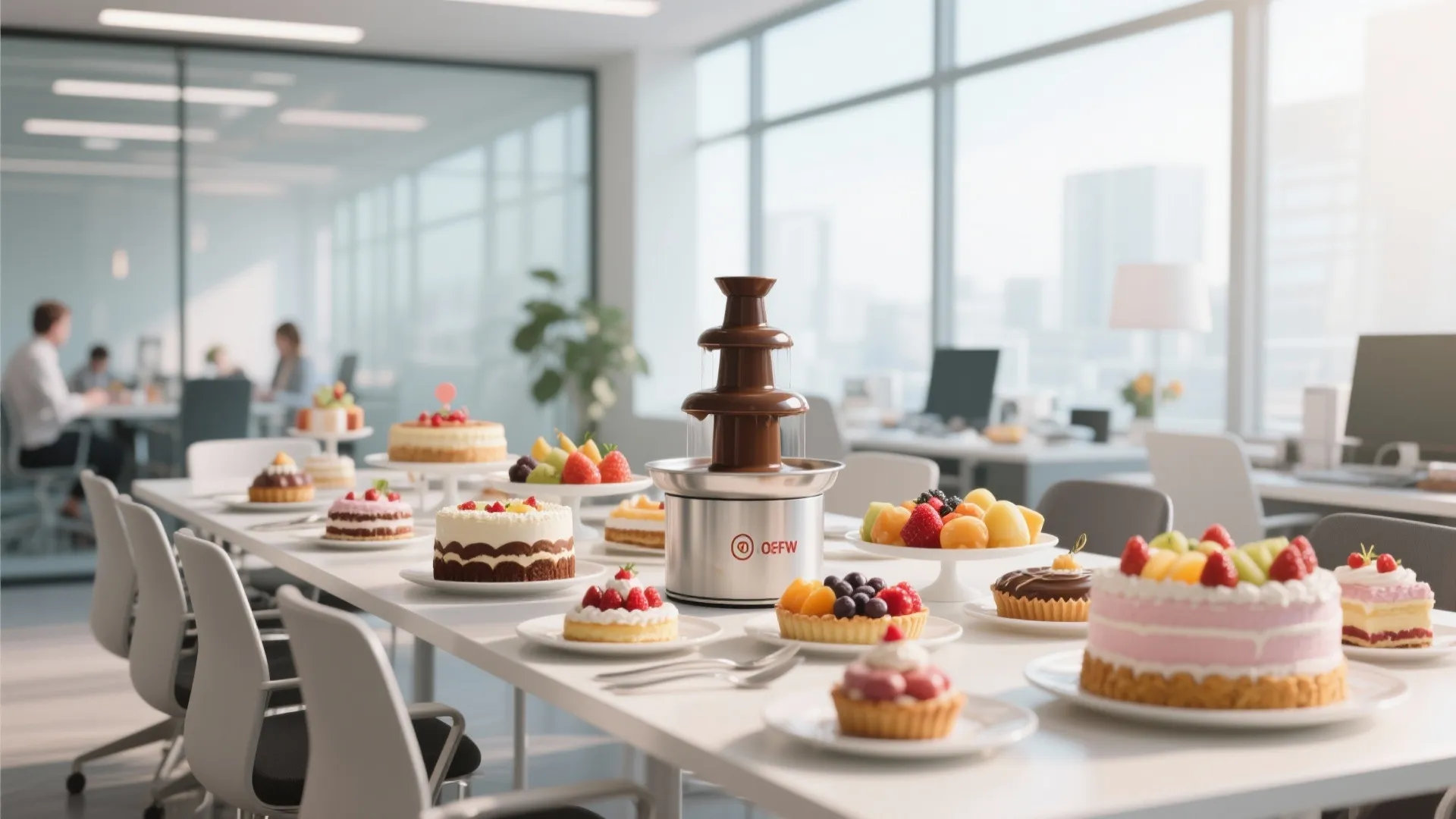 Modern office table with chocolate fountain and various cakes for a bright corporate dessert party