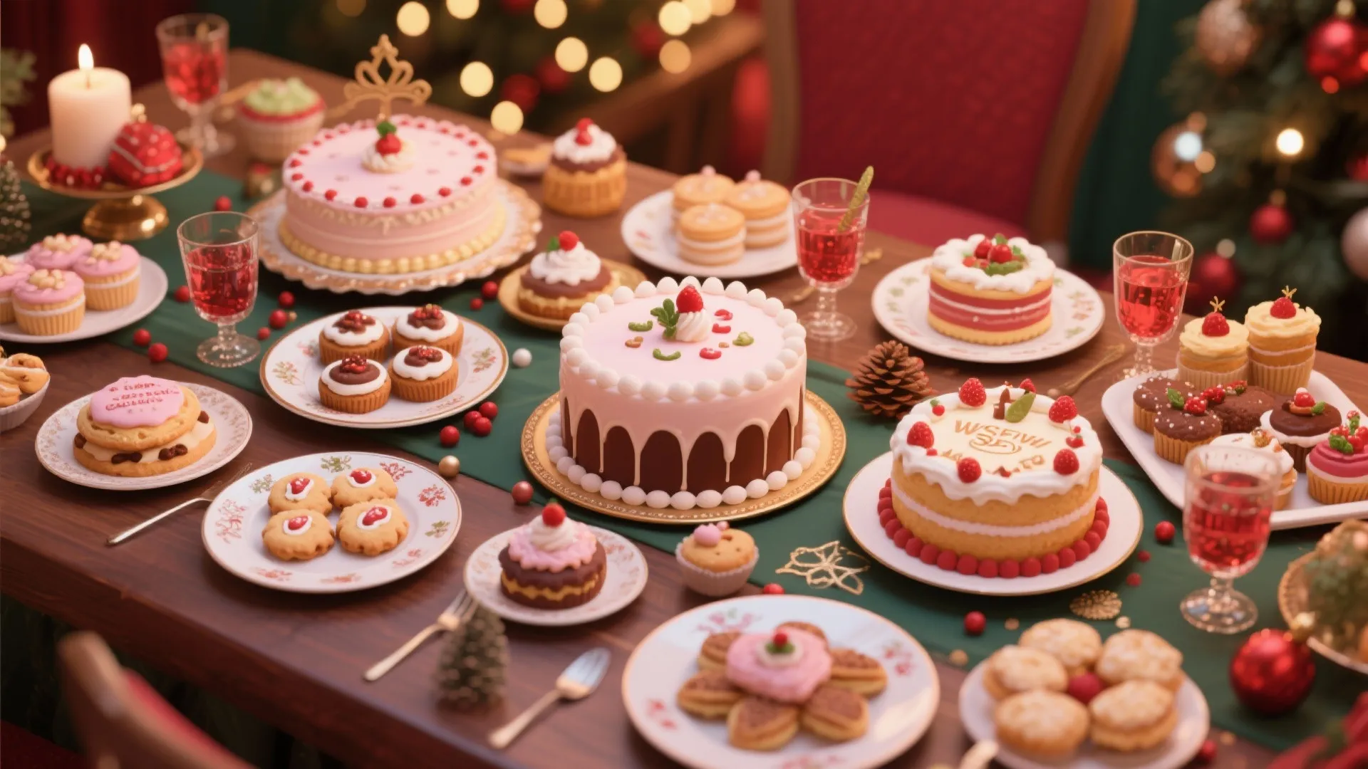 Holiday table setting with pink cakes strawberry cookies red drinks and a decorated Christmas tree