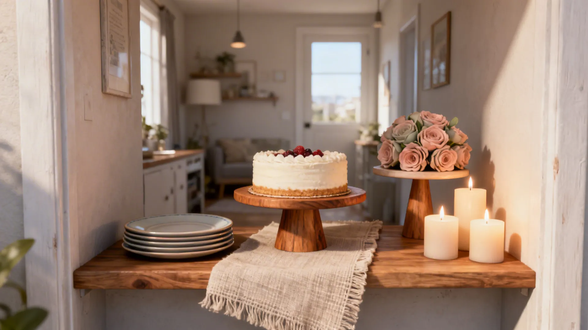Dessert nook with a wooden cake stand, linen runner, layered plates, and blush-sage florals in warm light.