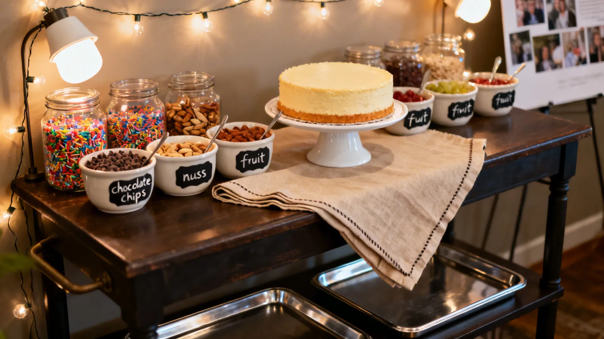 Compact dessert bar with jars of toppings and a spotlighted cake in a cozy living room.