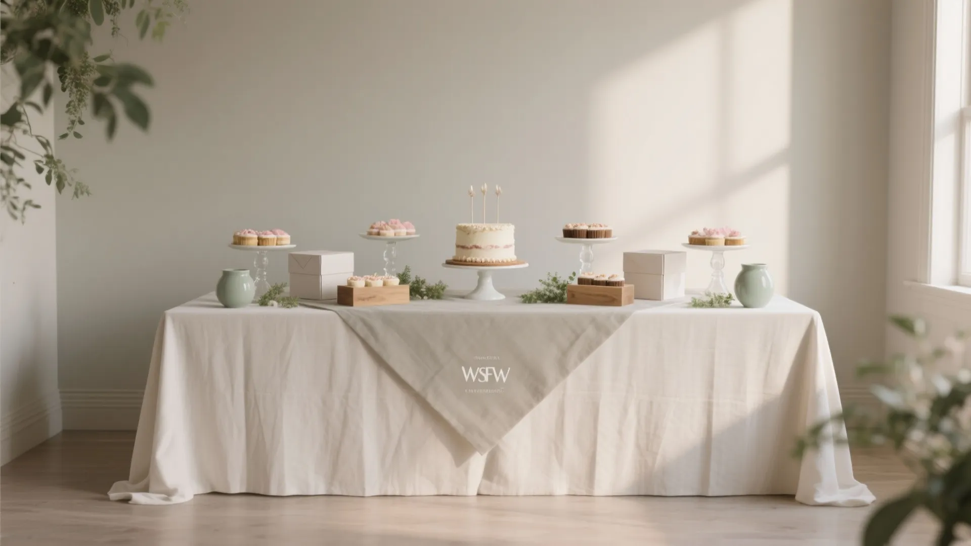 Elegant white dessert table with wedding cake cupcakes and boxes in a bright minimalist room
