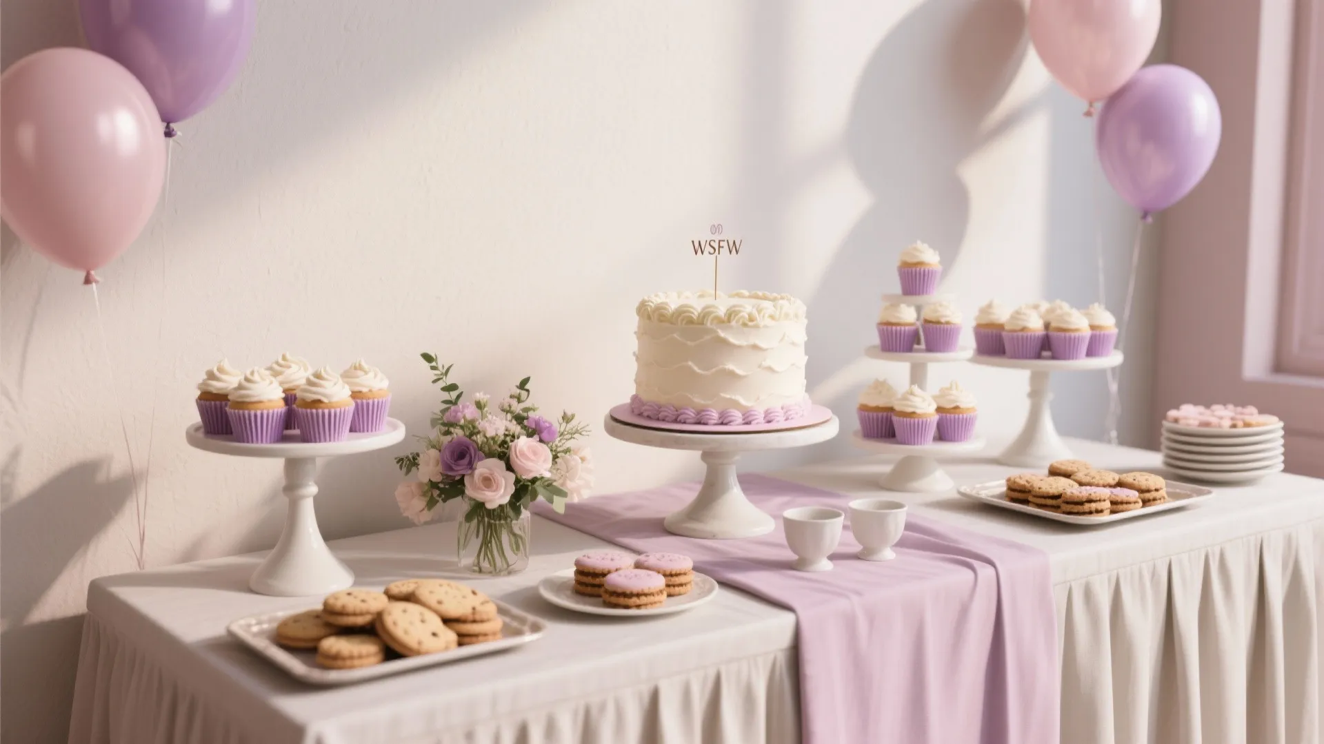 Dessert table with a white cake purple cupcakes cookies and balloons for a party celebration
