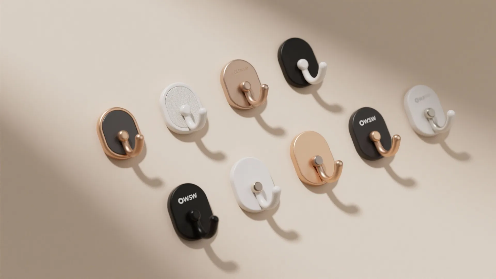 Various oval wall hooks in white black and gold mounted on a plain light wall