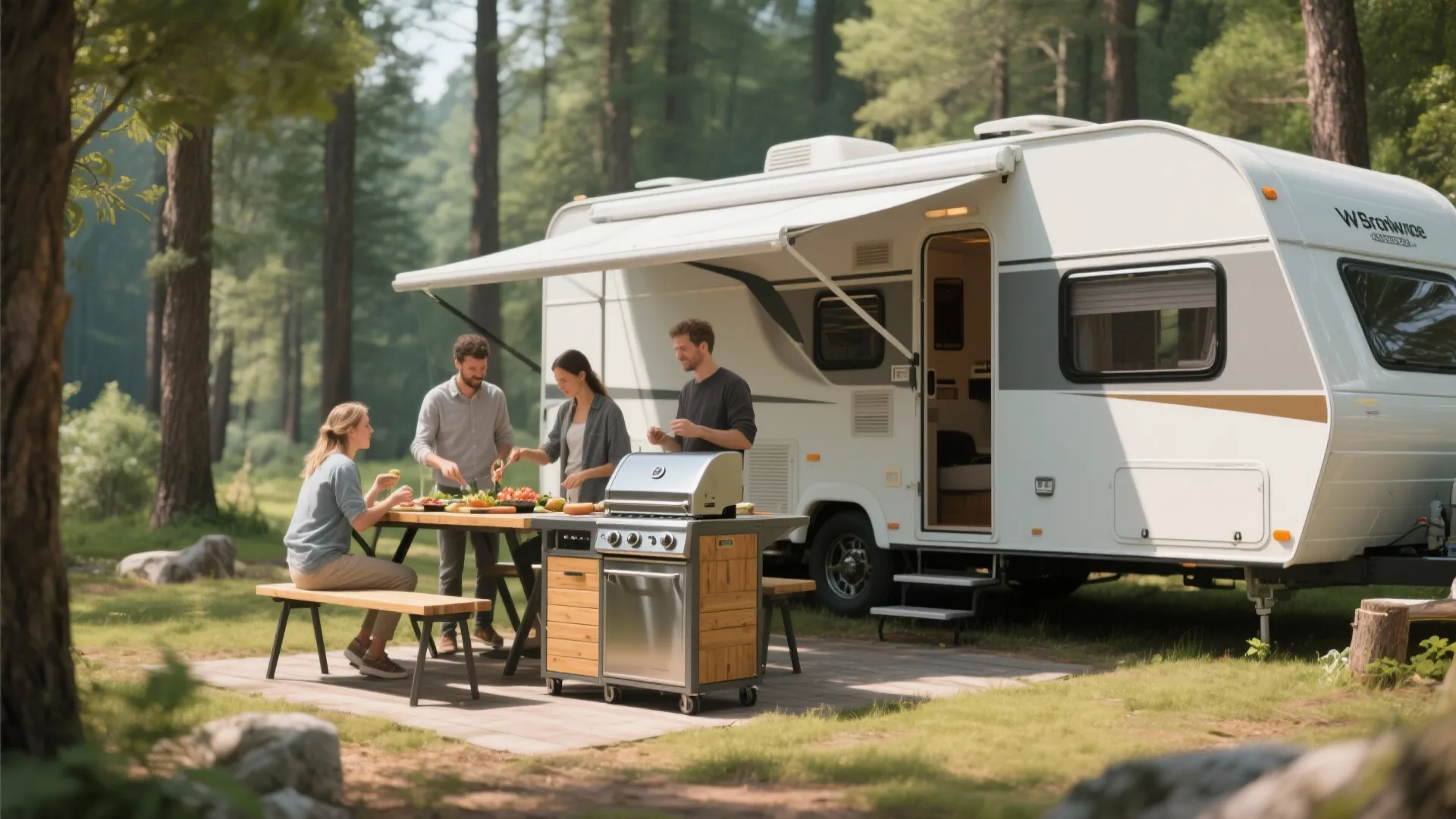 Group of friends cooking on a portable outdoor grill next to a large white trailer