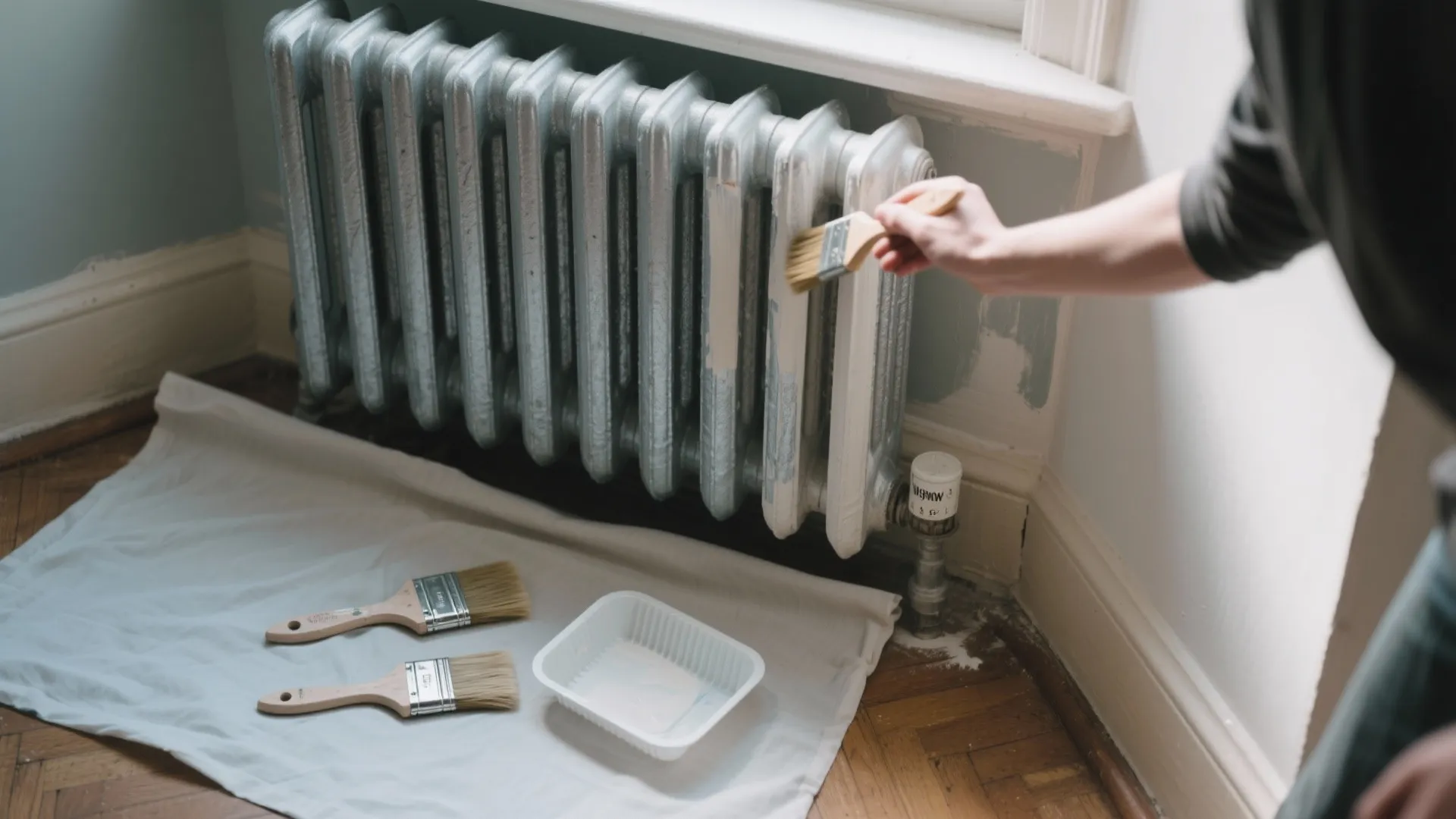Close up of person using a paintbrush to paint a metal radiator in a bright room