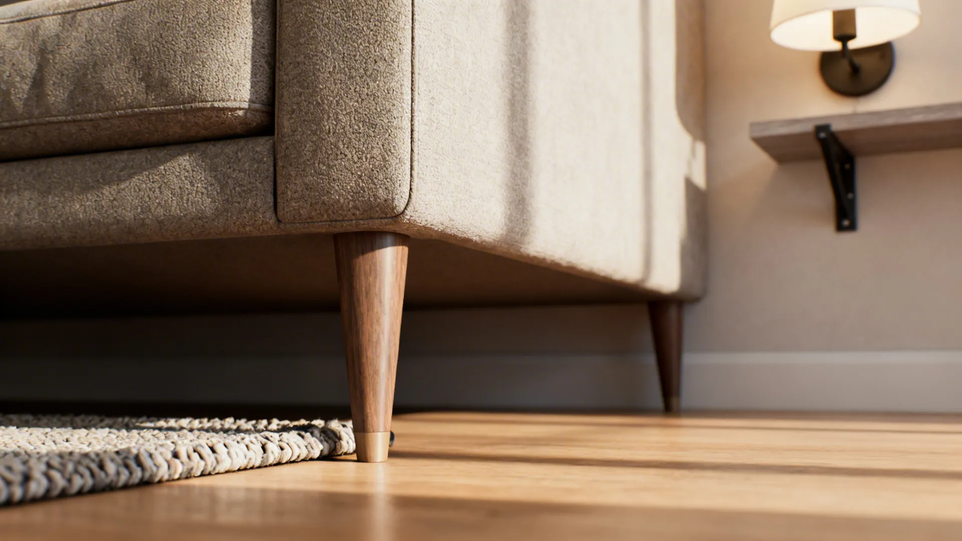 Macro detail of sofa legs, rug texture, and wall-mounted lamp bracket