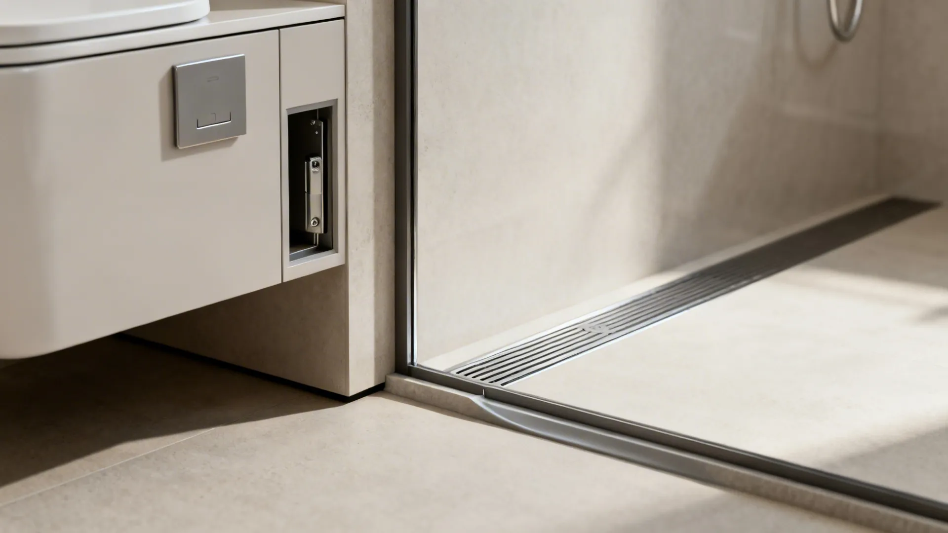 Close-up of wall-hung toilet, slim vanity edge, pocket door hardware and linear drain detail for compact bathrooms