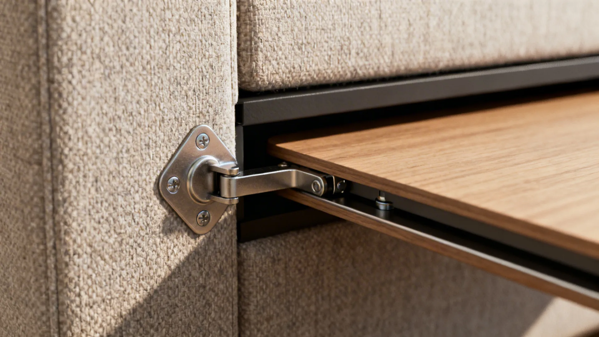 Close-up of multifunction sofa hardware and nesting table mechanism