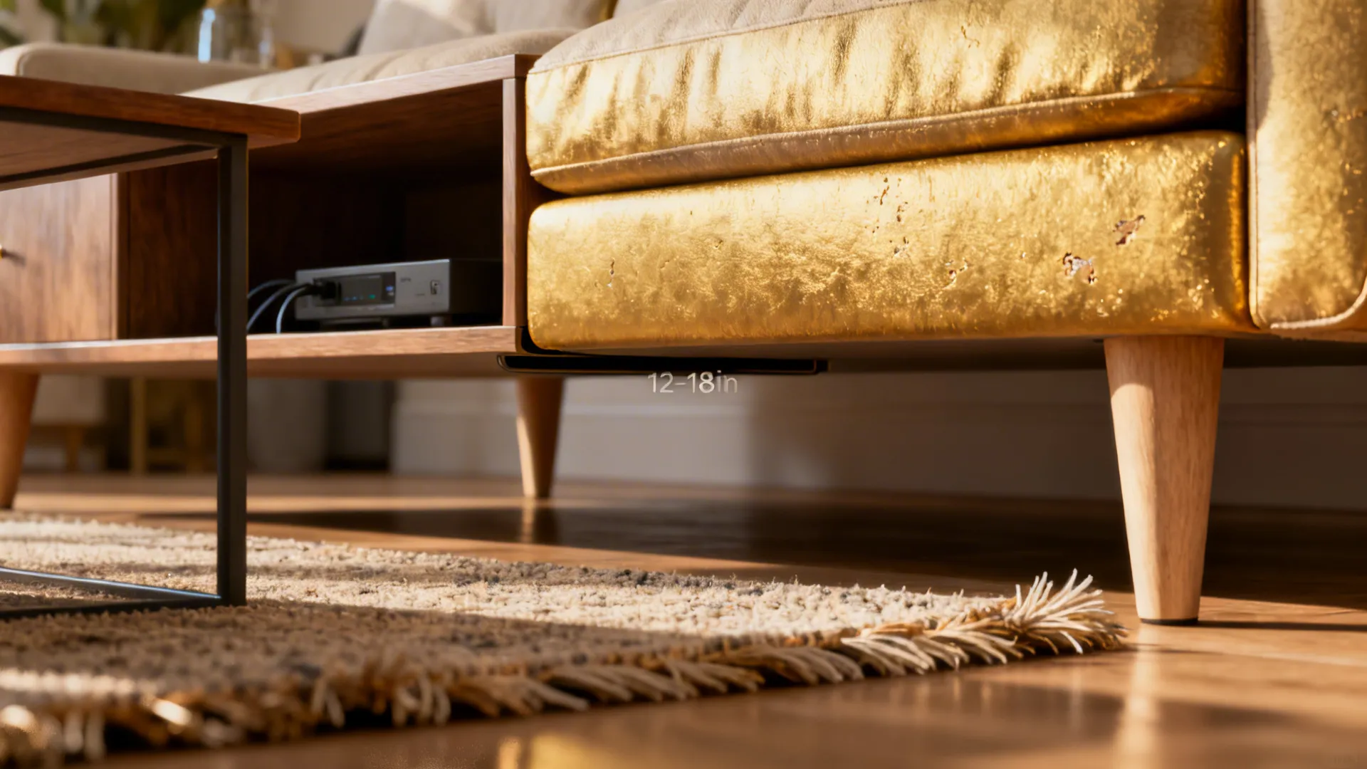 Close-up showing sofa-to-coffee-table spacing, cable management and rug texture.