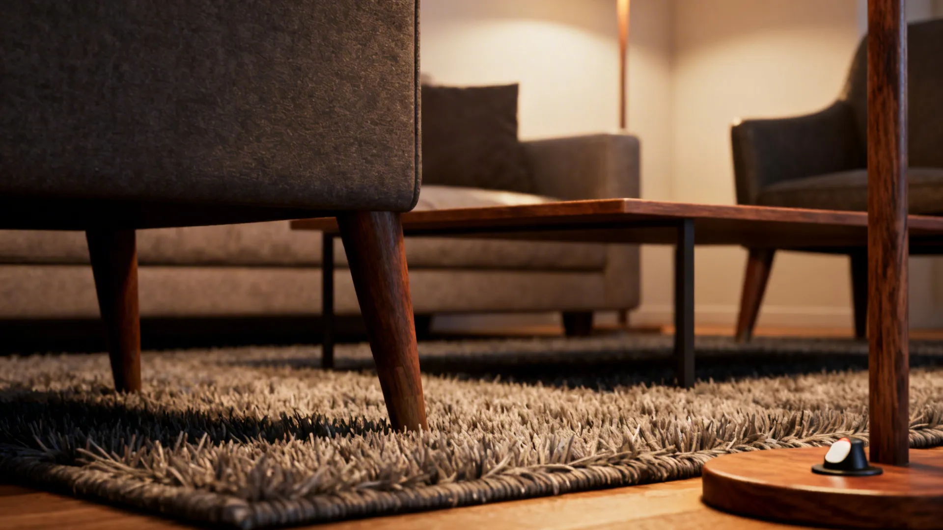 Macro detail of rug texture and furniture leg scale illustrating proportion and material quality