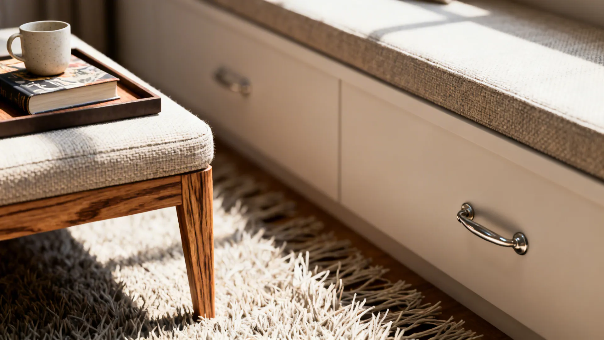 Close-up details of sofa leg, ottoman tray, built-in drawer pull and rug texture in a small living room
