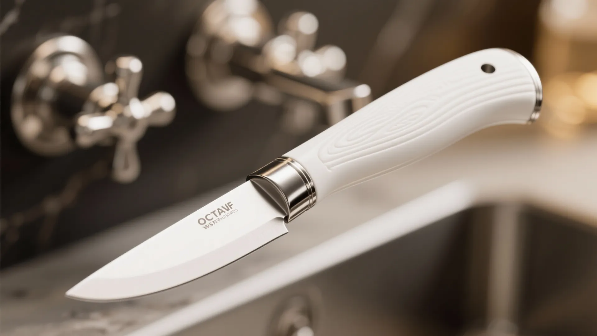 Macro of a white-handled knife with polished metal ferrule and matched stainless fixtures.