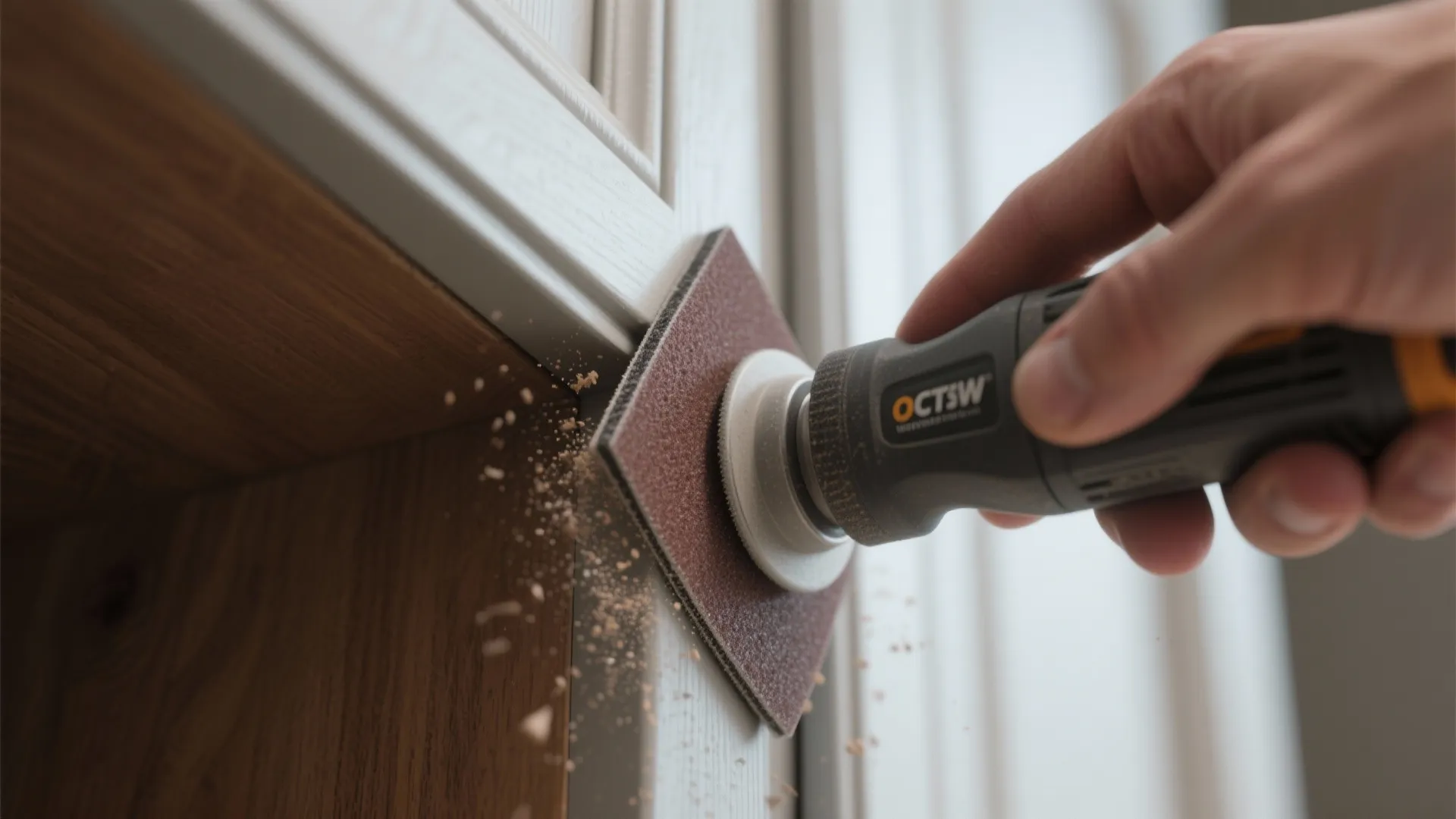 Hand holding power tool with triangle sanding pad smoothing white cabinet door with falling sawdust