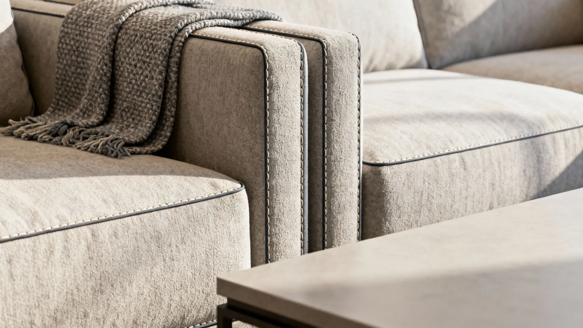 Macro detail of seat height alignment and stitching where two sectionals meet.