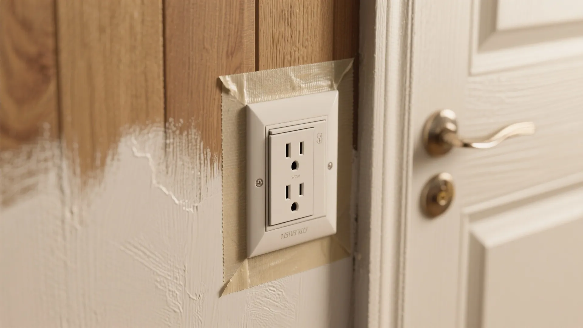 Close-up of taped edge, new outlet cover and freshly painted door edge showing finishing details